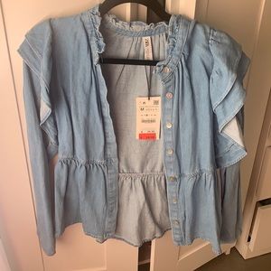 NWT Zara chambray blouse with ruffle shoulder